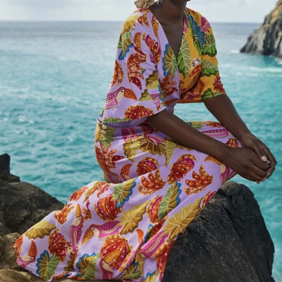 Farm Rio Tropical Mixed Beaks & Bananas Maxi Wrap Dress Size XL Multicolored - Picture 1 of 16